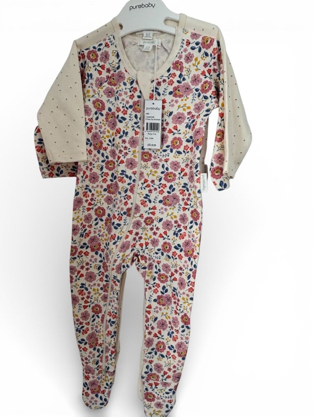 Purebaby Baby Shower Gift Outfit Romper 2 Pack Zip Growsuit Organic Cotton 6M 9M